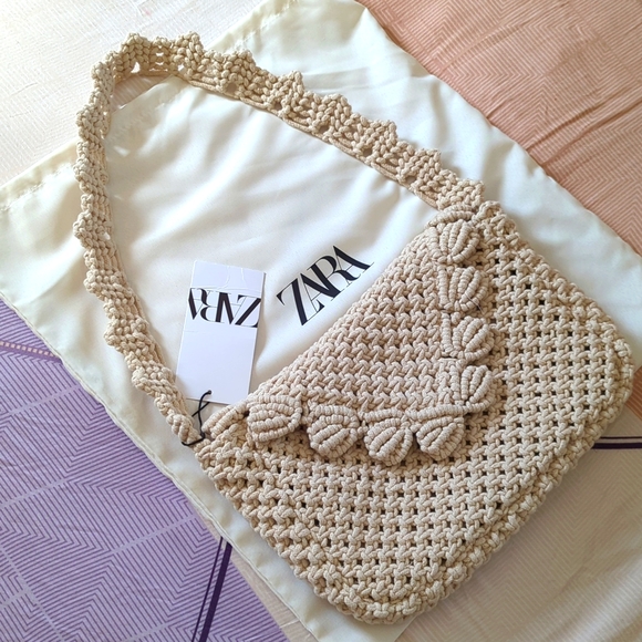 Zara macrame crochet shoulder flap bag cream beige NWT - Picture 1 of 9